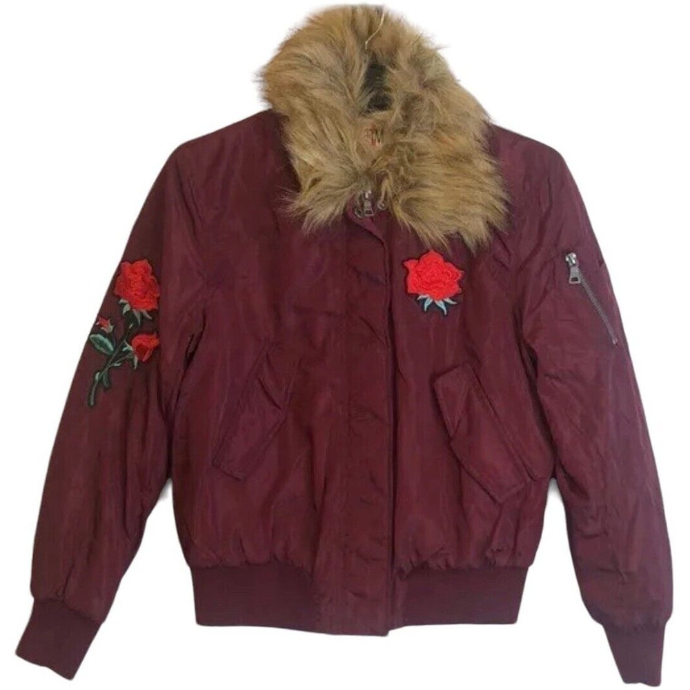 Ultim8 Brand burgundy faux‎ fur collar rose appliqué bomber Jacket Juniors Sz M